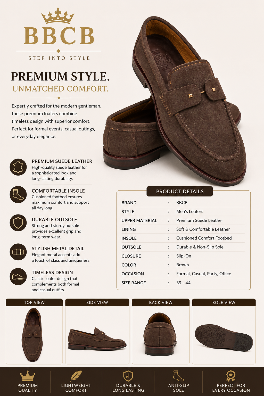 BBCB Premium Brown Suede Loafers for Men | Elegant Slip-On Formal & Casual Shoes