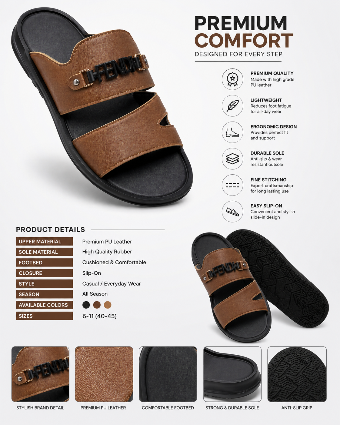 BBCB Premium Fendi Comfort Slides for Men – Lightweight Anti-Slip PU Leather Sandals