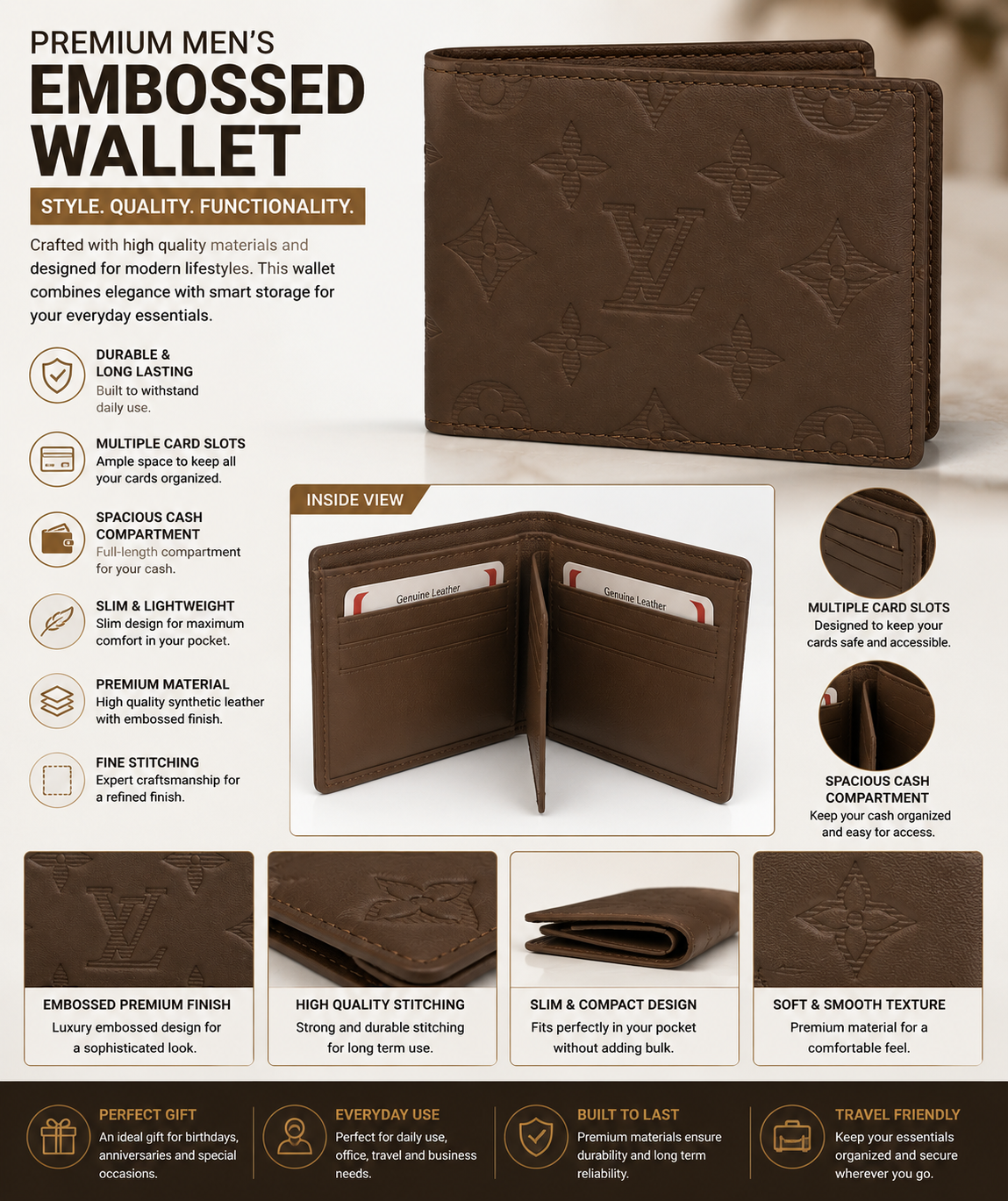 Premium Embossed Leather Bifold Wallet for Men – Brown | Slim Wallet with Card Slots & Cash Compartment