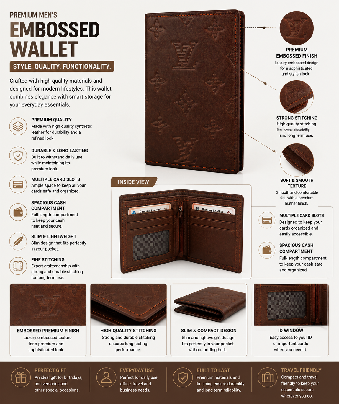 Premium Men's Embossed Long Wallet – Slim Bifold Leather Wallet with Card Slots, ID Window & Cash Compartment (Brown)