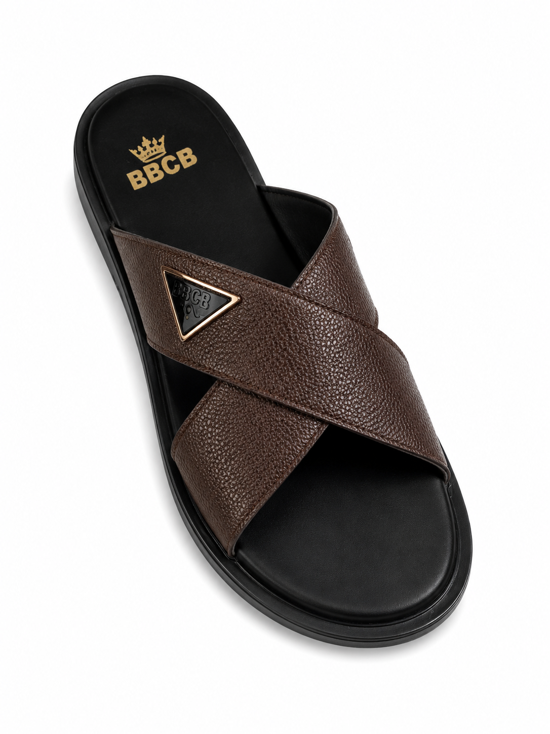 BBCB Premium Men's Cross Strap Slide Sandals – Textured PU Leather | Soft Cushion Footbed | Brown