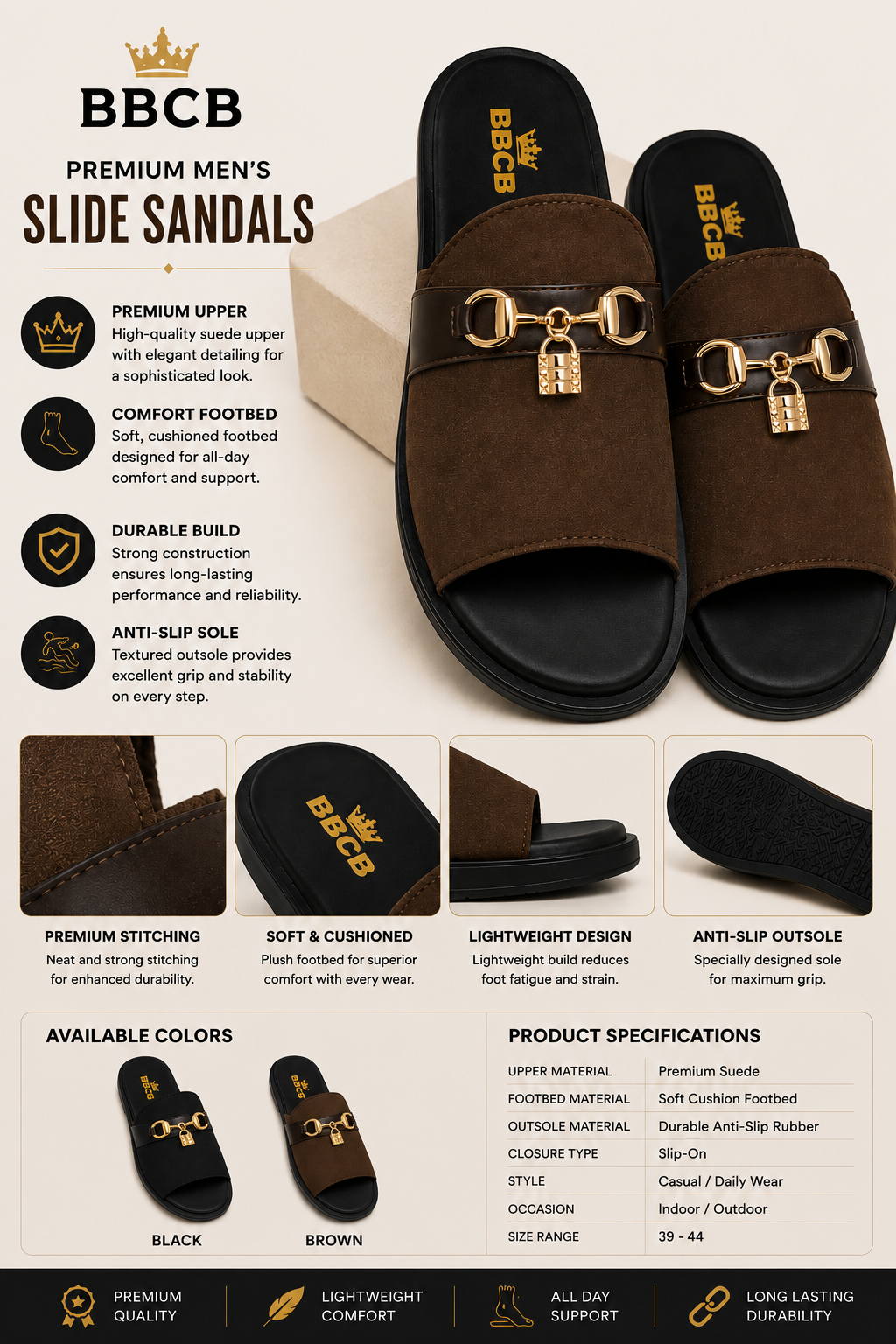 BBCB Premium Men's Suede Slide Sandals – Luxury Gold Buckle | Soft Cushion Footbed | Brown