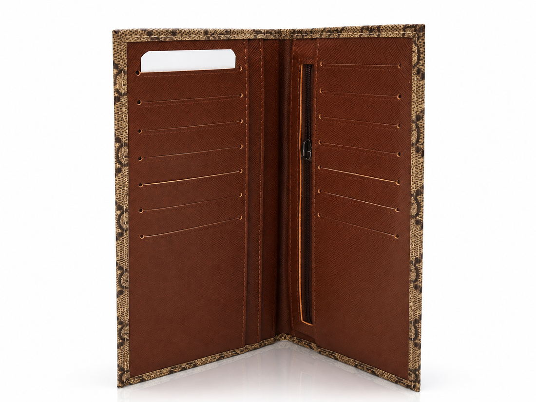 Premium Long Canvas Wallet for Men – Luxury Slim Long Bifold Wallet with Multiple Card Slots & Zip Pocket | Beige/Brown