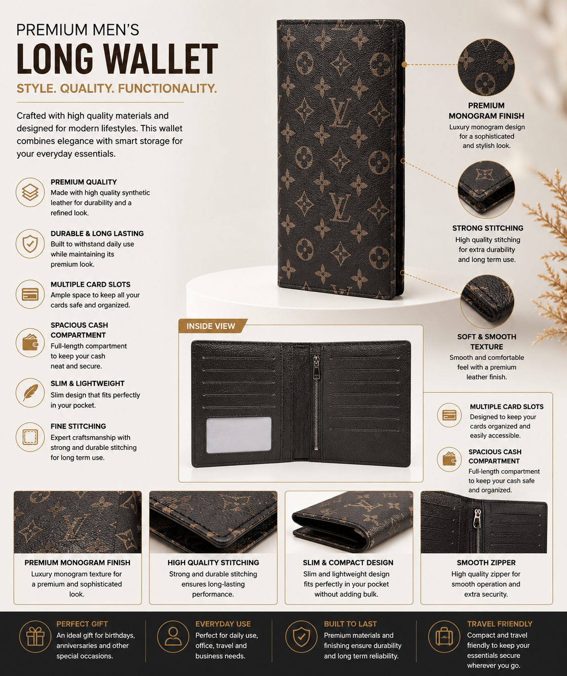 Premium Men's Long Wallet – Luxury Monogram Leather Wallet with Card Slots, ID Window & Zipper Pocket (Black)
