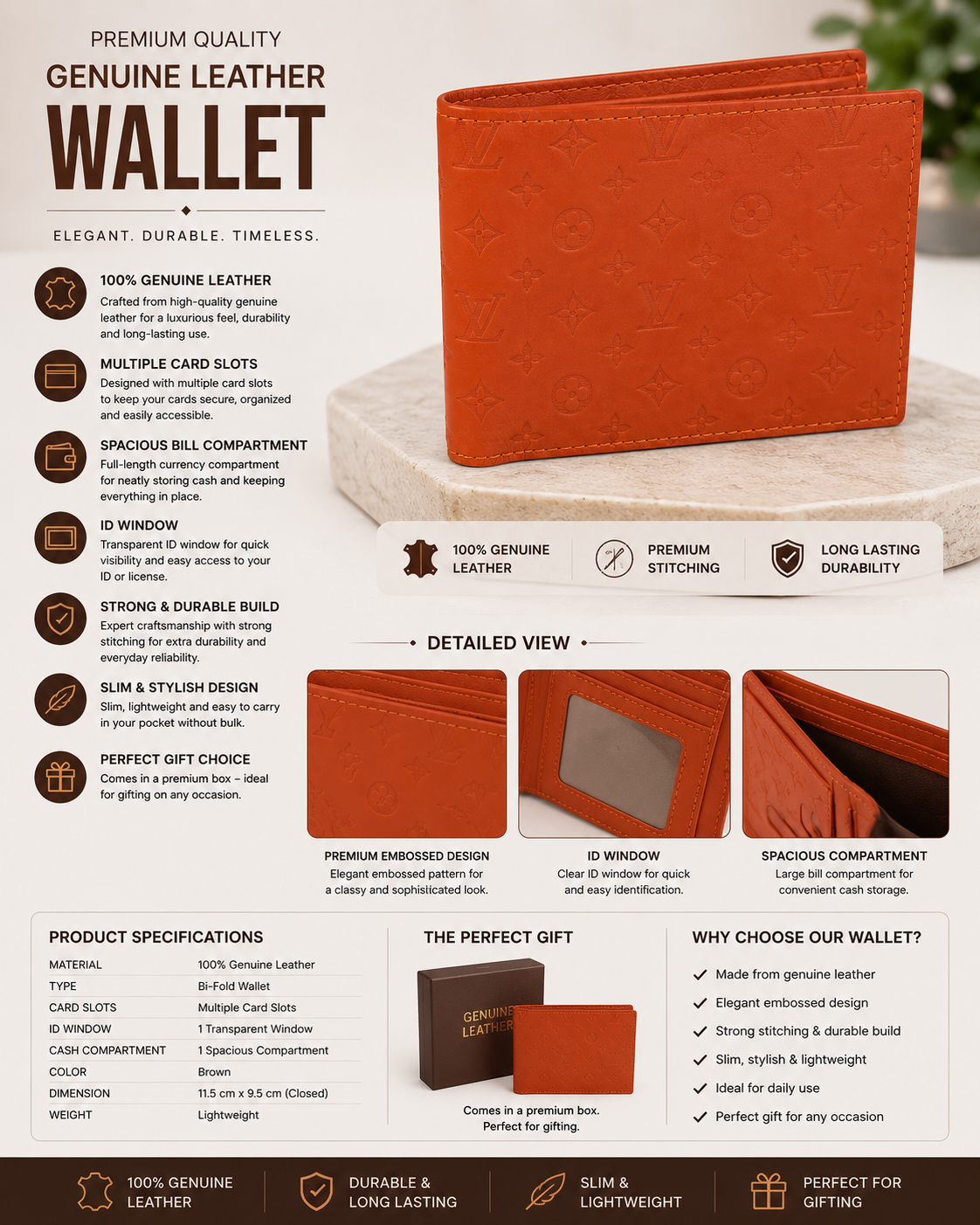 Premium Genuine Leather Bi-Fold Wallet for Men – Orange Luxury Embossed Wallet | Slim Card Holder