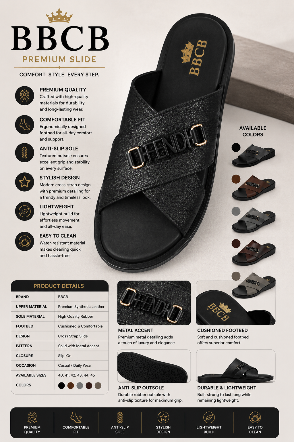 BBCB Premium Fendi Slide Sandals for Men – Luxury Comfort Slip-On Casual Slippers