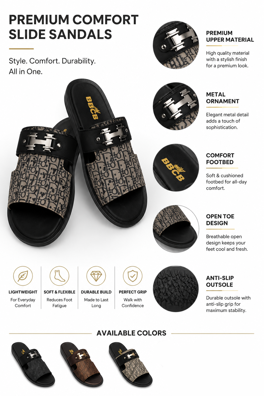 BBCB Premium Designer Metal Buckle Slides – Luxury Men's Comfort Sandals