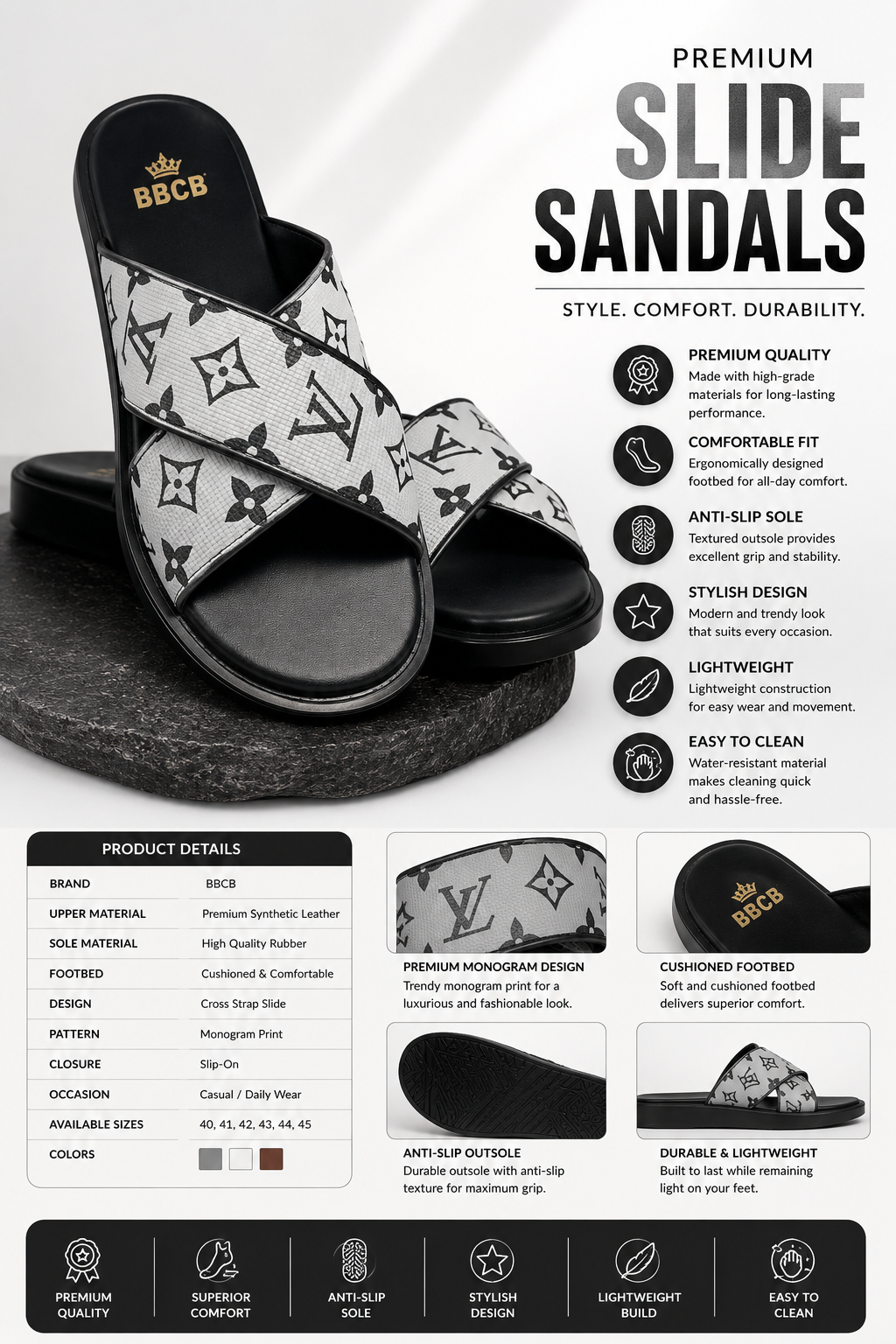 BBCB Premium Louis Vuitton Monogram Cross Strap Slide Sandals for Men | Cushioned Comfort | Anti-Slip Sole