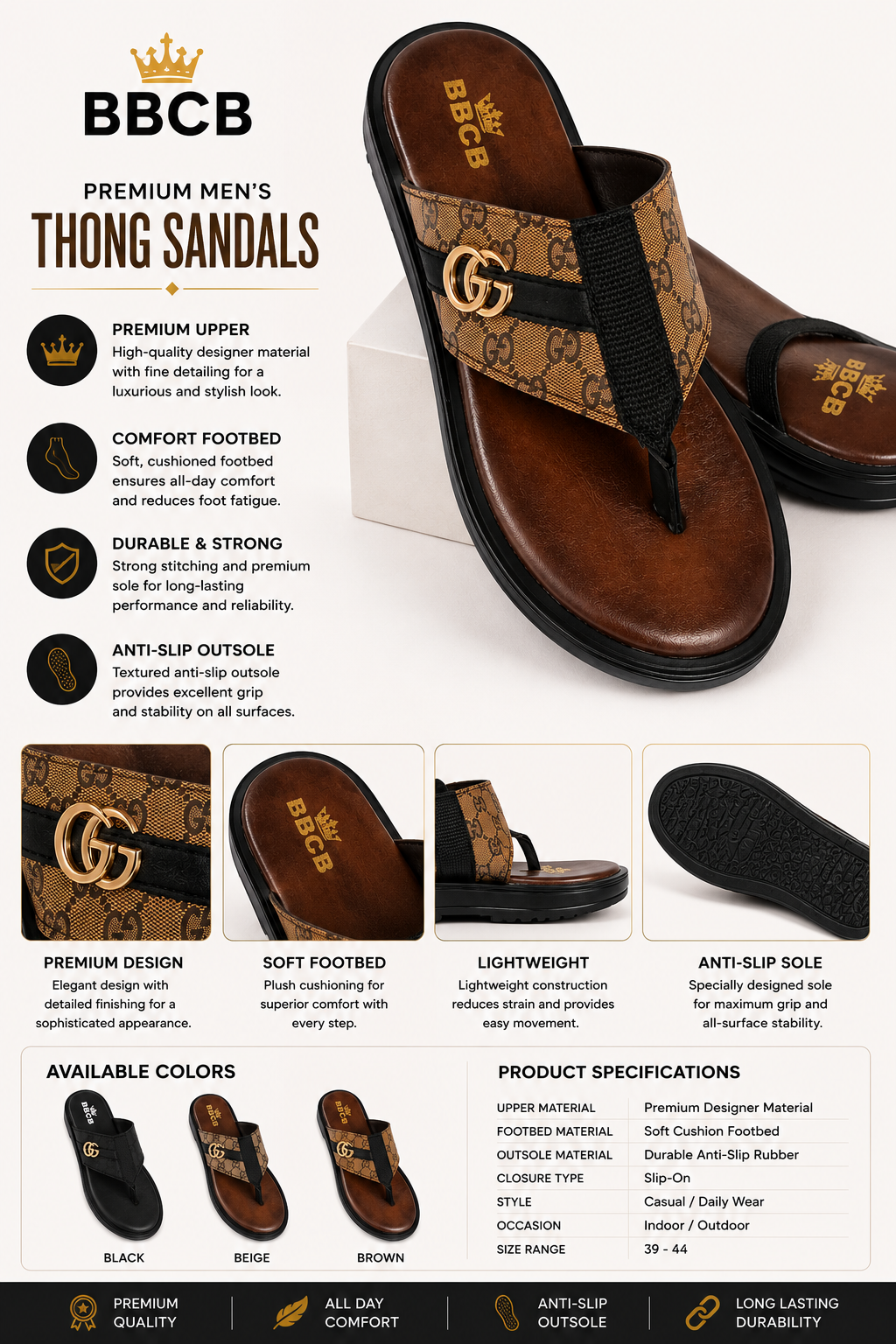 BBCB Premium Men's Designer Thong Sandals – Luxury Comfort | Soft Cushion Footbed | Brown