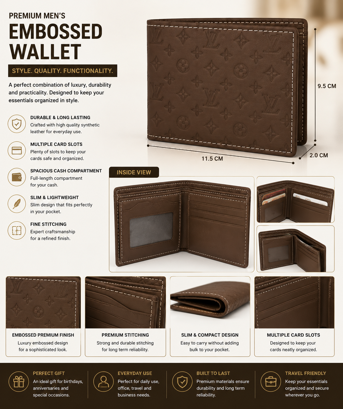 Premium Embossed Leather Bifold Wallet for Men – Slim, Stylish & Durable | Brown