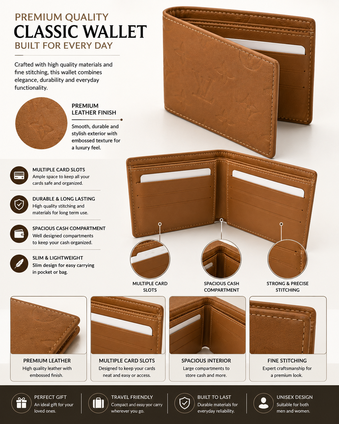 Premium Men's Leather Bifold Wallet – Slim Design | Multiple Card Slots | Cash Compartment | Brown