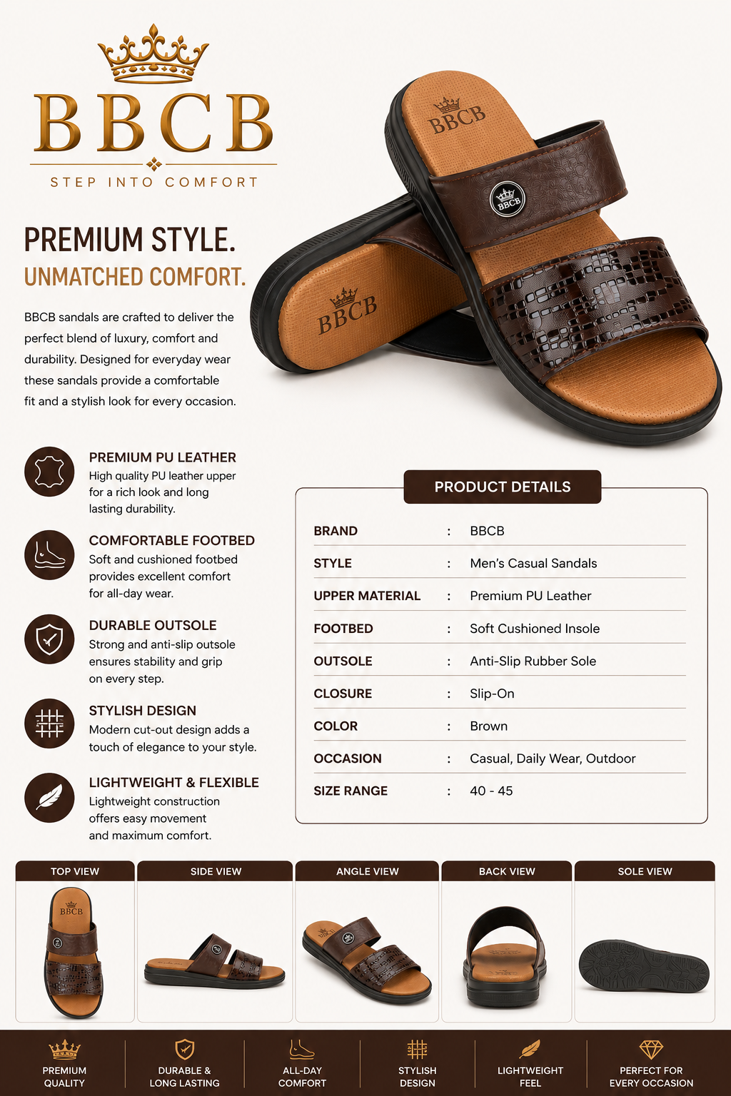 BBCB Premium Brown Men's Double Strap Slide Sandals | Comfortable Casual Slip-On Slippers