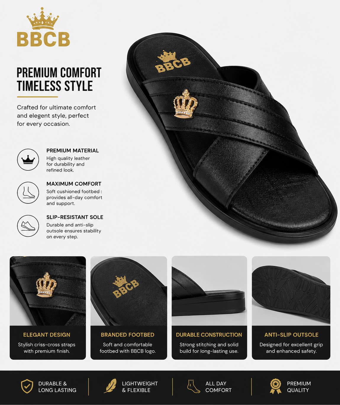 BBCB Premium Crown Cross Strap Slides – Luxury Men's Comfort Slides