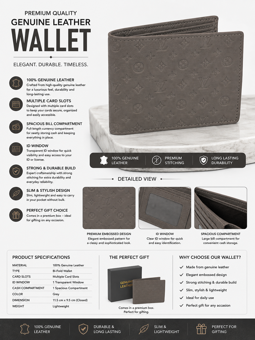 Premium Grey Genuine Leather Bi-Fold Wallet for Men | Slim Designer Wallet