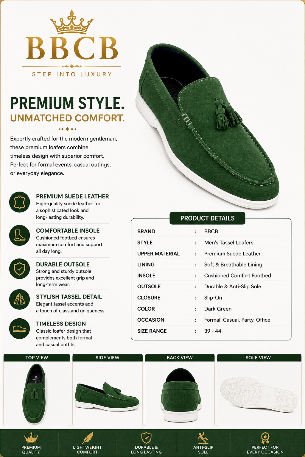 BBCB Premium Dark Green Suede Tassel Loafers for Men | Luxury Slip-On Casual & Formal Shoes