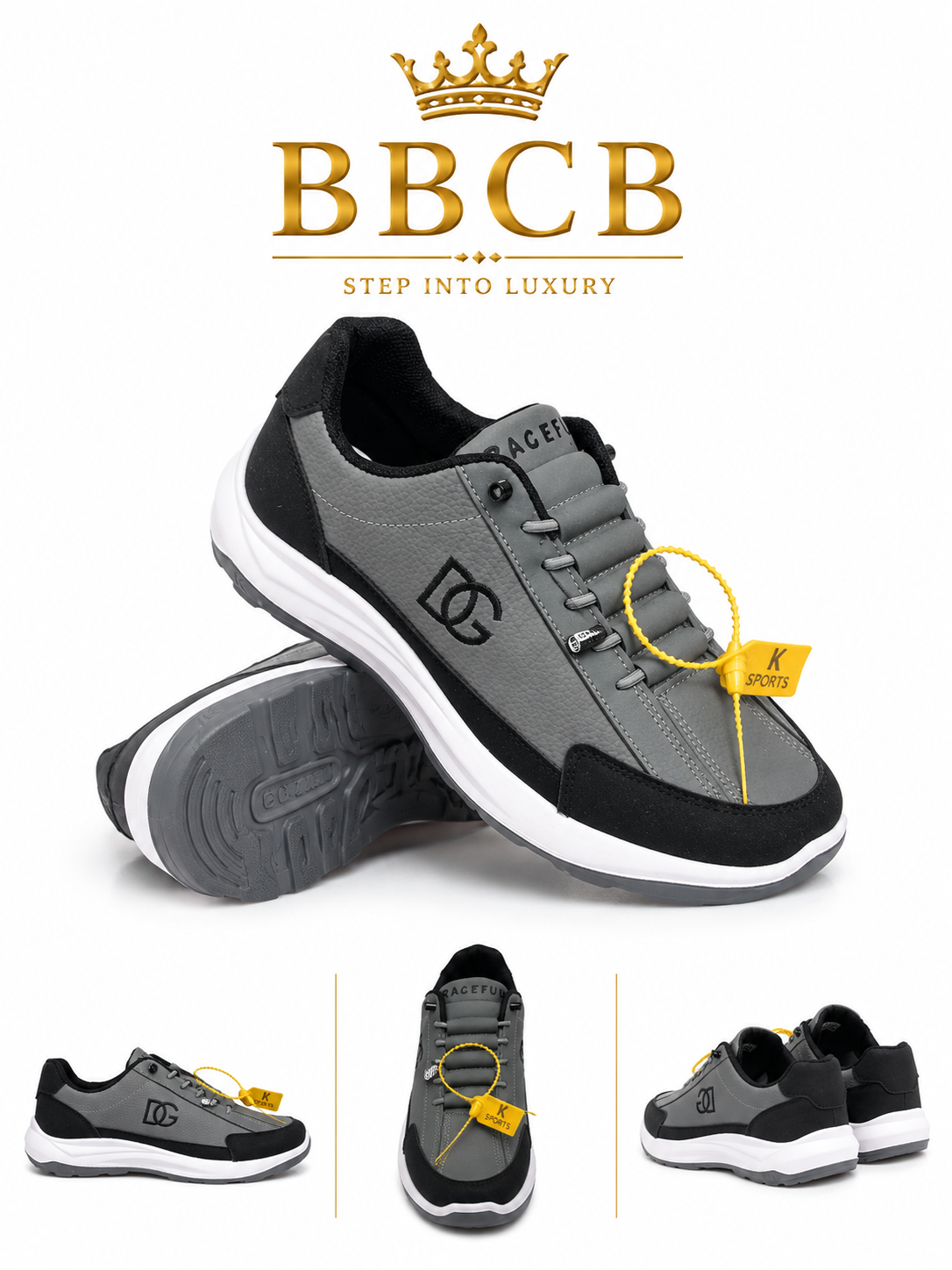 BBCB Premium Grey & Black Casual Sneakers for Men | Lightweight Lace-Up Walking Shoes