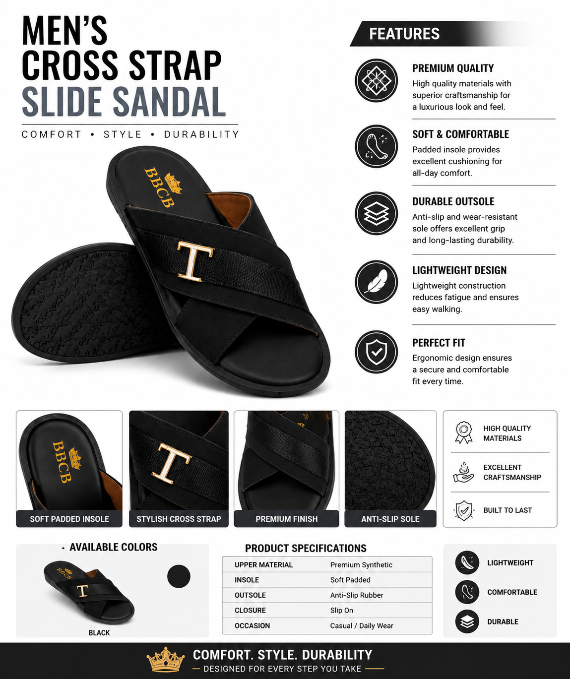 BBCB Premium Cross Strap Slide Sandals for Men – Soft Cushioned Slip-On Casual Slippers (Black)