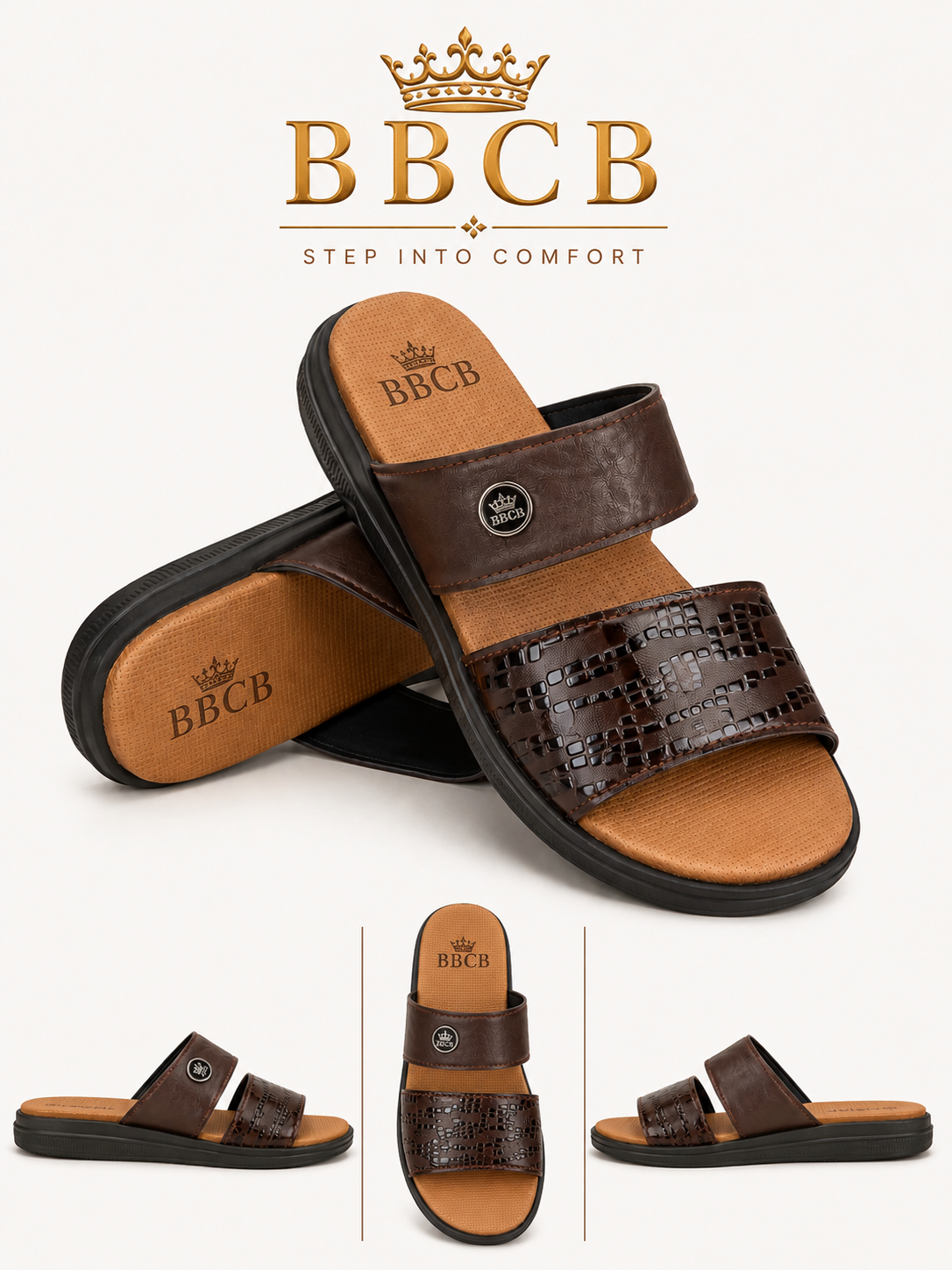 BBCB Premium Brown Men's Double Strap Slide Sandals | Comfortable Casual Slip-On Slippers