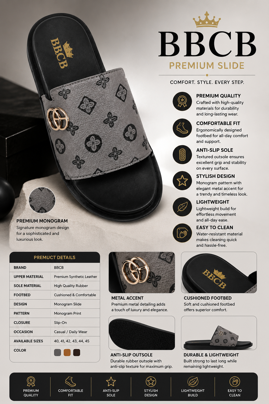 BBCB Premium Gucci Monogram Slide Sandals for Men – Luxury Comfort Slip-On Casual Slides Slippers