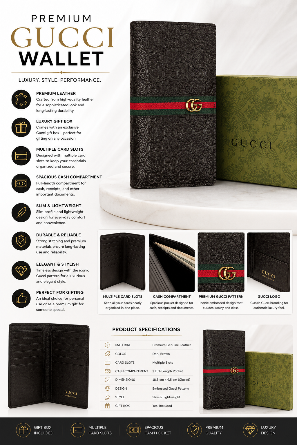BBCB Premium Gucci Men's Leather Wallet | Multiple Card Slots | Slim Luxury Bifold Wallet with Cash Compartment
